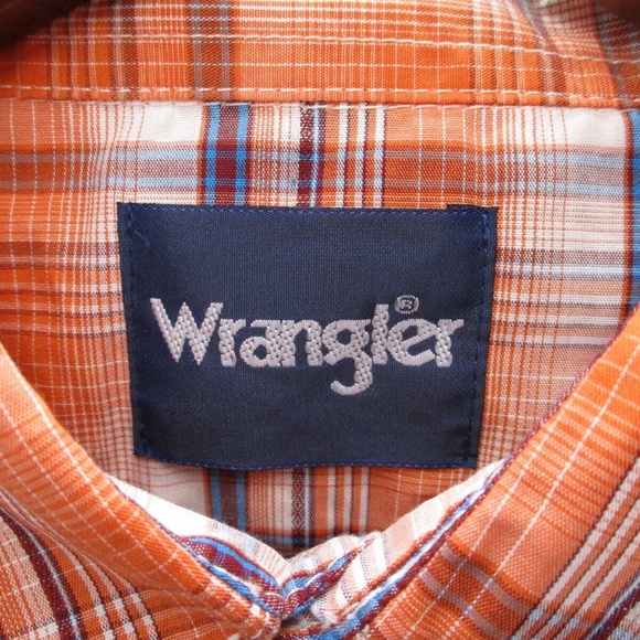 Wrangler Shirt Adult 2XL XXL Pearl Snap Orange Blue Tartan Plaid Men Button Down - Picture 6 of 15